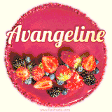 Beautifully decorated red velvet berry birthday cake with vibrant fruits and a glowing 'Avangeline' name, adding a touch of sweetness and sparkle.