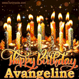 A glowing personalized birthday GIF with name Avangeline featuring lit candles with intricate designs, warm lighting, and the text 'Happy Birthday' in an elegant font.