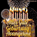 A chocolate birthday cake with glowing candles, the German text 'Alles Gute zum Geburtstag Avangeline,' and vibrant fireworks lighting up the background in an animated GIF.