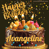 A delightful chocolate birthday cake with bright candles and 'Happy Birthday Avangeline' written in gold amidst a shower of animated stars.