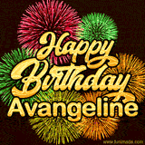 Golden text reading 'Happy Birthday Avangeline' surrounded by vibrant fireworks in red, green, and yellow, set against a dark background in this celebratory birthday GIF.