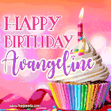 A vibrant birthday GIF featuring a rainbow-colored cupcake topped with white frosting, sprinkles, and a lit candle. The text reads 'Happy Birthday Avangeline' in bold pink and violet letters with white outline.