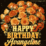 Animated bouquet of orange roses with moving butterfles and golden 'Happy Birthday Avangeline' text, surrounded by sparkling accents and a dark backdrop for a luxurious feel.
