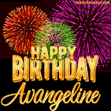A golden 'Happy Birthday Avangeline' message with vibrant fireworks in the background, creating a festive and celebratory vibe in this animated name GIF.