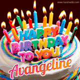 A colorful birthday cake topped with lit candles, with the words 'Happy Birthday Avangeline' in bold glowing letters on a burgundy background. Animated flames add a festive touch.