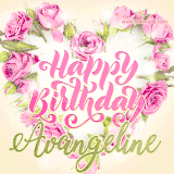 A stunning heart made of pink roses surrounds the elegant script text 'Happy Birthday Avangeline' on a soft beige background. Animated sparkles add a magical and festive feel.