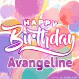 A vibrant name GIF featuring colorful balloons in shades of pink, orange, and yellow with the bold text 'Happy Birthday Avangeline' in festive fonts, creating a lively birthday vibe.