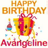 A vibrant and funny gift box character with a happy face dancing with a cupcake and the text 'Happy Birthday Avangeline,' surrounded by animated confetti and party vibes.