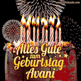 A chocolate birthday cake with glowing candles, the German text 'Alles Gute zum Geburtstag Avani,' and vibrant fireworks lighting up the background in an animated GIF.