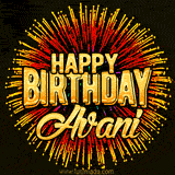 Golden 'Happy Birthday Avani' text accompanied by animated rainbow fireworks for a festive animated greeting.