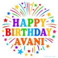 Happy Birthday Avani' GIF with rainbow-colored letters, colorful stars, and fireworks on white background.