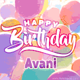 A vibrant name GIF featuring colorful balloons in shades of pink, orange, and yellow with the bold text 'Happy Birthday Avani' in festive fonts, creating a lively birthday vibe.