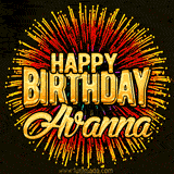 Golden 'Happy Birthday Avanna' text accompanied by animated rainbow fireworks for a festive animated greeting.