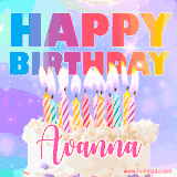A vibrant animated name GIF with the words 'Happy Birthday Avanna' with colorful candles on a creamy cake. The background sparkles with pastel shades, adding a festive touch.