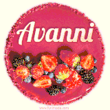 Beautifully decorated red velvet berry birthday cake with vibrant fruits and a glowing 'Avanni' name, adding a touch of sweetness and sparkle.