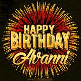 Golden 'Happy Birthday Avanni' text accompanied by animated rainbow fireworks for a festive animated greeting.