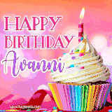 A vibrant birthday GIF featuring a rainbow-colored cupcake topped with white frosting, sprinkles, and a lit candle. The text reads 'Happy Birthday Avanni' in bold pink and violet letters with white outline.