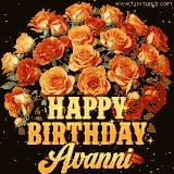 Animated bouquet of orange roses with moving butterfles and golden 'Happy Birthday Avanni' text, surrounded by sparkling accents and a dark backdrop for a luxurious feel.