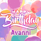 A vibrant name GIF featuring colorful balloons in shades of pink, orange, and yellow with the bold text 'Happy Birthday Avanni' in festive fonts, creating a lively birthday vibe.
