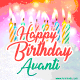 Bright birthday candles with rainbow flames on a cake, alongside the text 'Happy Birthday Avanti' in vibrant script in this celebratory animated GIF.