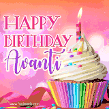 A vibrant birthday GIF featuring a rainbow-colored cupcake topped with white frosting, sprinkles, and a lit candle. The text reads 'Happy Birthday Avanti' in bold pink and violet letters with white outline.