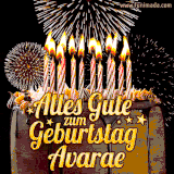 A chocolate birthday cake with glowing candles, the German text 'Alles Gute zum Geburtstag Avarae,' and vibrant fireworks lighting up the background in an animated GIF.