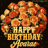 Animated bouquet of orange roses with moving butterfles and golden 'Happy Birthday Avarae' text, surrounded by sparkling accents and a dark backdrop for a luxurious feel.