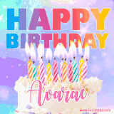 A vibrant animated name GIF with the words 'Happy Birthday Avarae' with colorful candles on a creamy cake. The background sparkles with pastel shades, adding a festive touch.