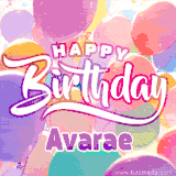 A vibrant name GIF featuring colorful balloons in shades of pink, orange, and yellow with the bold text 'Happy Birthday Avarae' in festive fonts, creating a lively birthday vibe.