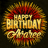 Golden 'Happy Birthday Avaree' text accompanied by animated rainbow fireworks for a festive animated greeting.
