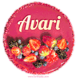 Beautifully decorated red velvet berry birthday cake with vibrant fruits and a glowing 'Avari' name, adding a touch of sweetness and sparkle.