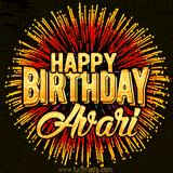 Golden 'Happy Birthday Avari' text accompanied by animated rainbow fireworks for a festive animated greeting.