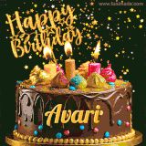 A delightful chocolate birthday cake with bright candles and 'Happy Birthday Avari' written in gold amidst a shower of animated stars.