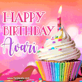A vibrant birthday GIF featuring a rainbow-colored cupcake topped with white frosting, sprinkles, and a lit candle. The text reads 'Happy Birthday Avari' in bold pink and violet letters with white outline.