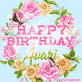 A charming animated GIF featuring 'Happy Birthday Avari' in pink and green text, surrounded by delicate roses, leaves, and fluttering butterflies on a soft light blue pastel background.