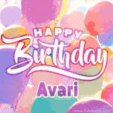A vibrant name GIF featuring colorful balloons in shades of pink, orange, and yellow with the bold text 'Happy Birthday Avari' in festive fonts, creating a lively birthday vibe.
