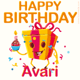 A vibrant and funny gift box character with a happy face dancing with a cupcake and the text 'Happy Birthday Avari,' surrounded by animated confetti and party vibes.