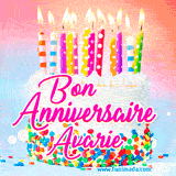 A white birthday cake covered in colorful sprinkles, topped with bright candles, and French text 'Bon Anniversaire Avarie' on a pastel gradient background in an animated GIF.
