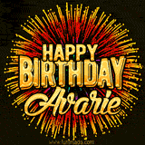 Golden 'Happy Birthday Avarie' text accompanied by animated rainbow fireworks for a festive animated greeting.