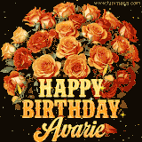 Animated bouquet of orange roses with moving butterfles and golden 'Happy Birthday Avarie' text, surrounded by sparkling accents and a dark backdrop for a luxurious feel.