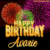 A golden 'Happy Birthday Avarie' message with vibrant fireworks in the background, creating a festive and celebratory vibe in this animated name GIF.