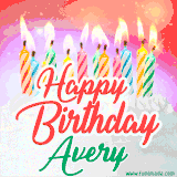 Bright birthday candles with rainbow flames on a cake, alongside the text 'Happy Birthday Avery' in vibrant script in this celebratory animated GIF.