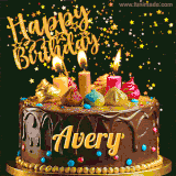 A delightful chocolate birthday cake with bright candles and 'Happy Birthday Avery' written in gold amidst a shower of animated stars.
