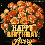 Animated bouquet of orange roses with moving butterfles and golden 'Happy Birthday Avery' text, surrounded by sparkling accents and a dark backdrop for a luxurious feel.