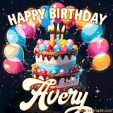 Bright birthday animation for Avery with a chocolate cake, candles, balloons, and glowing celebratory lights.