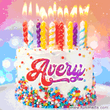 A cheerful white birthday cake with multicolor sprinkles, lit candles, and 'Avery' written in vibrant letters, in an animated GIF.