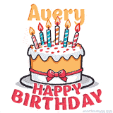 Cartoon birthday cake with a red bow, glowing candles, and 'Avery Happy Birthday' text in bold animated style.