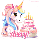 An adorable animated unicorn with soft pastel colors sits beside a birthday cake with glowing candles, and a pink 'Happy Birthday Avery!' words.