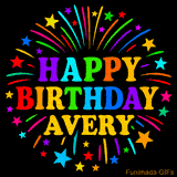 Personalized greeting card with name, colorful text that says 'Happy Birthday Avery' surrounded by animated fireworks and multicolor stars