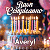 Birthday cake topped with pink and yellow lit candles, surrounded by glowing bokeh lights and party balloons. The greeting 'Buon Compleanno Avery GIF!' is displayed.